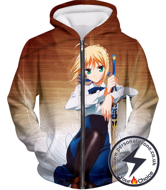 Fate Stay Night Cute Saber Altria Pendragon Action Pose Zip Up Hoodie